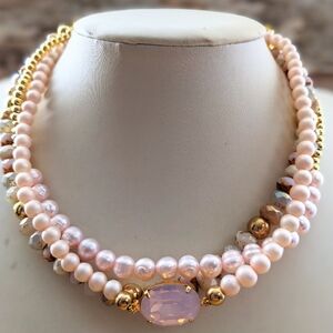 Pink Opaline, Pink Frost & Natural Pink Pearls & Glass In Three Strand Necklace